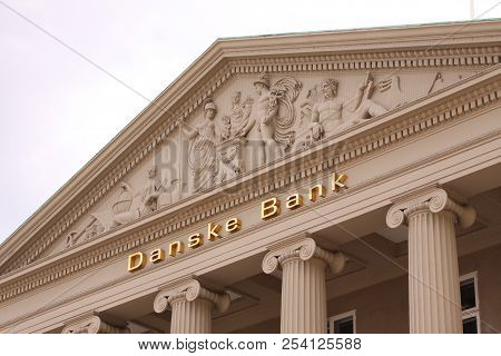 Copenhagen, Denmark - August 17: Danske Bank Logo On Wall Of Headquaters. Danske Bank Is The Largest