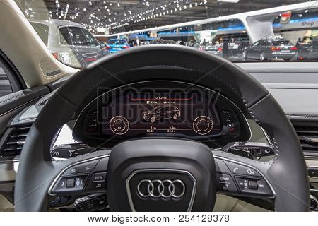 Brussels - Jan 12, 2016: View Of The Interior From The Driver Seat Of The Audi Q7 Suv Car Showcased 