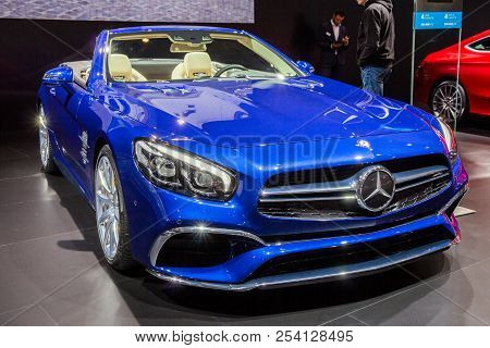 Brussels - Jan 12, 2016: Mercedes Amg Sl65 Convertible Roadster Car Showcased At The Brussels Motor 