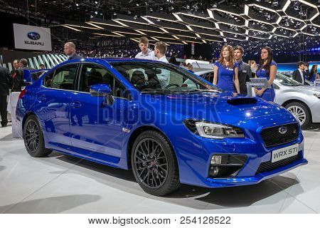 Geneva, Switzerland - March 1, 2016: Subaru Wrx Sti Sports Car Showcased At The 86th Geneva Internat