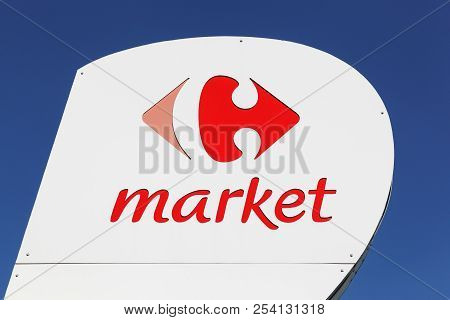 Belleville, France - June 27, 2018: Carrefour Market Sign On A Panel. Carrefour Is A French Multinat