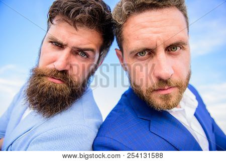 Lawyer Agency. Sure Sign You Should Trust Business Partner. Men Formal Suits Stand Back To Back Blue