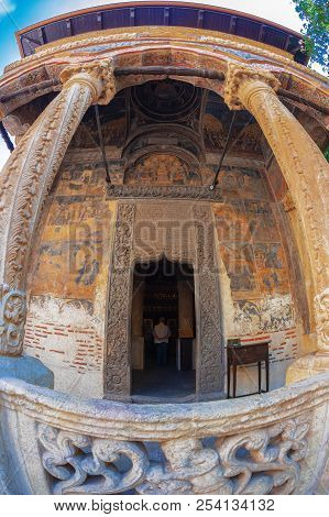 Bucharest, Romania - July 16, 2018: Entrance Of Stavropoleos Monastery, Founded In 1724 By The Greek