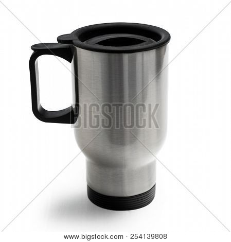 Huge lovely metallic thermocup with black comfortable handle isolated on a white background