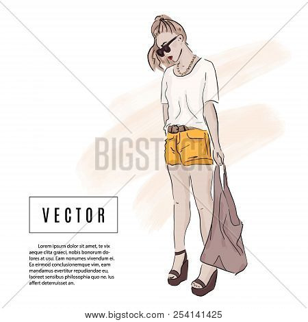 Girl In Summer Outfit: Shorts, T Shirt, Bag, Sunglasses Sketch  Illustration. Fashion Watercolor Dra