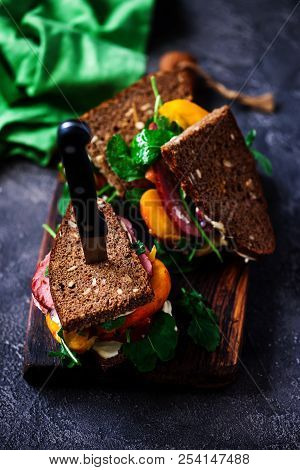 Peach And Pastrami Sandwiches With Peppery Mayo. Selective Focus