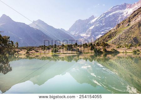 Beautiful serene lake in  Fann mountains (branch of Pamir) in Tajikistan.