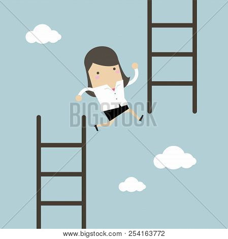 Businesswoman Jump From Low Stair To High Stair. Vector