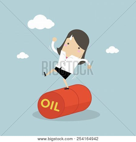 Businesswoman Balancing On Oil Barrel Rolling. Vector