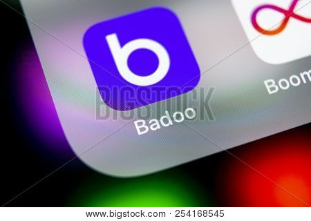 Sankt-petersburg, Russia, August 16, 2018: Badoo Application Icon On Apple Iphone X Screen Close-up.