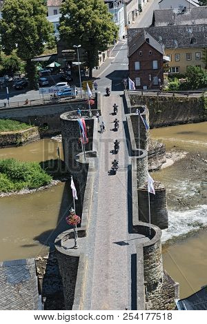 Runkel, Germany-july 08, 2018: Stone Bridge Runkel Over The River Lahn, Hesse, Germany.