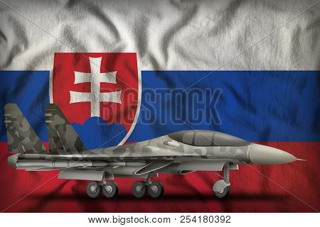 Fighter, Interceptor With City Camouflage On The Slovakia Flag Background. 3d Illustration