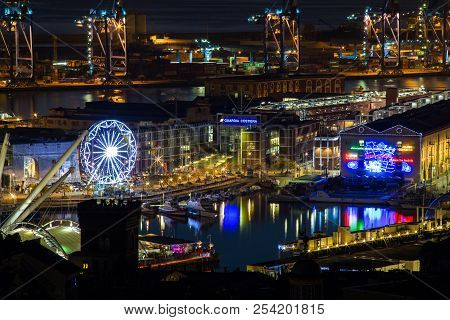 Genoa (genova) , Italy, December 28, 2016 - Night View Of The Ancient Harbor, City Of Genoa, Italy/ 