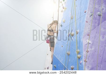 Woman With Perfect Fit Body, Beautiful Muscular Back Training On A Climbing Wall In Sport Hall
