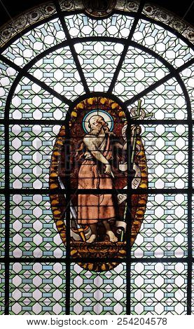 PARIS, FRANCE - JANUARY 10: Saint John the Baptist, stained glass window in the Saint Sulpice Church, Paris, France on January 10, 2018.