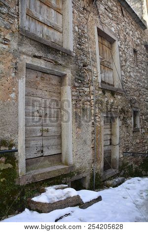 A Street In The Hill Village Of Casso In Winter Friuli Venezia Giulia, North East Italy. With A Popu
