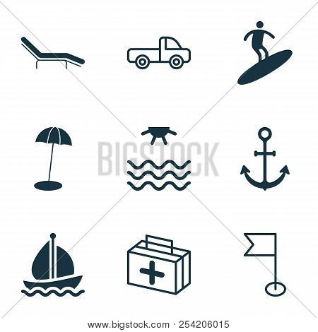 Tourism Icons Set With Sea, Beach Chair, Beach Umbrella And Other Boardsports Elements. Isolated Vec