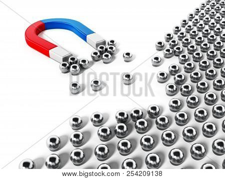 Horseshoe Magnet Pulling Chrome Spheres. 3d Illustration.