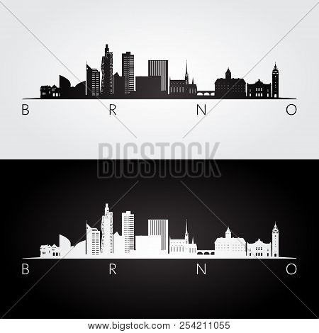 Brno Skyline And Landmarks Silhouette, Black And White Design, Vector Illustration.