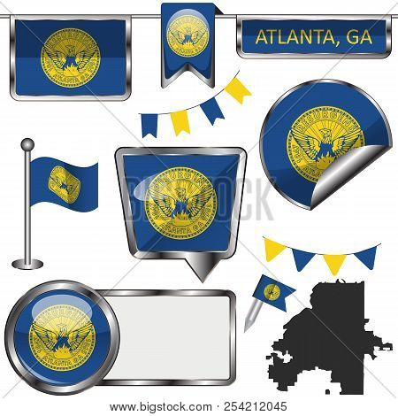 Vector Glossy Icons Of Flag Of Atlanta, Georgia On White