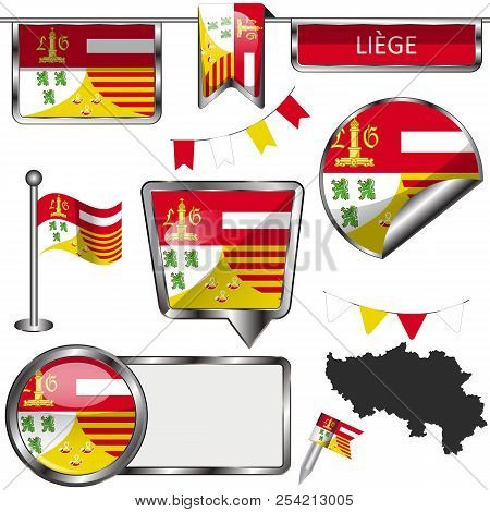 Vector Glossy Icons Of Flag Of Liege, Belgium On White