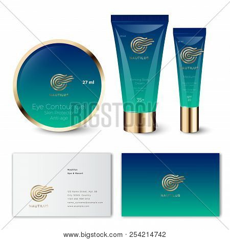 Nautilus Logo. Gold Nautilus Shellfish On Gradient Green-blue Background. Branded Cream Tubes.