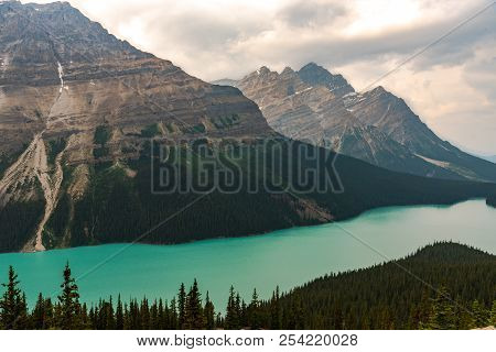Landscape Wide Angle Photo Of Peyto Lake, Fed By Peyto Glacier.