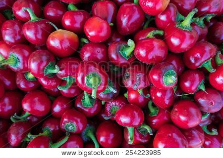 Fresh Red Pepperoni Vegetables At A Street Organic Food Market.