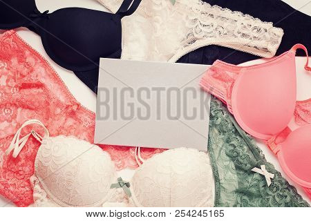 Collection Of Feminine Lingerie. Top View, Flat Lay. Sales, Shopping Concept