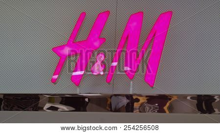 Saint Petersburg, Russia - August 10, 2018: The Hennes Mauritz Logo. The Sign Of H M At The Mall.