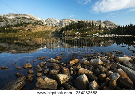 Sugarloaf Mountain And Medicine Bow Peak Reflected In Libby Lake  In Medicine Bow National Forest In