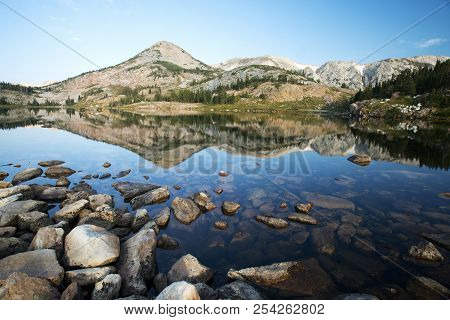 Sugarloaf Mountain And Medicine Bow Peak Reflected In Libby Lake  In Medicine Bow National Forest In