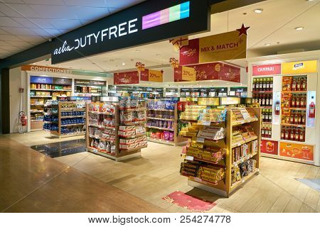 ROME, ITALY - CIRCA NOVEMBER, 2017: entrance to Aelia Duty Free store in Fiumicino International Airport 