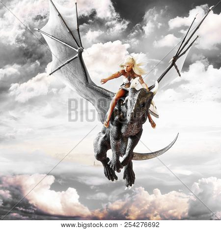 Dragon Rider, Blonde Female Riding The Back Of A Black Flying Dragon. Fantasy 3d Rendering