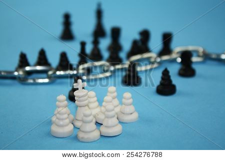 Fear From Refugees Concept Metaphor. Chess Pieces Symbolize Migration, Borders, Christianity And Isl