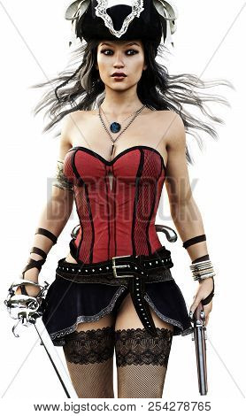 Portrait Of A Sexy Pirate Female Walking Toward The Camera Wearing A Corset,stalkings And Skirt With
