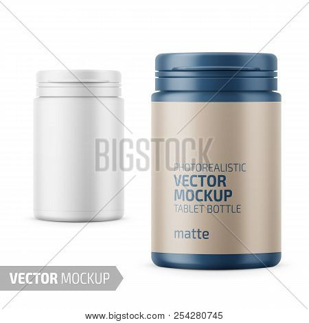 White Plastic Tablet Bottle Template With Label.