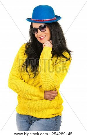 Beauty Confident Woman With Blue Hat And Sunglasses Isolated On White Background
