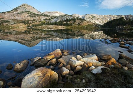 Sugarloaf Mountain And Medicine Bow Peak Reflected In Libby Lake  In Medicine Bow National Forest In