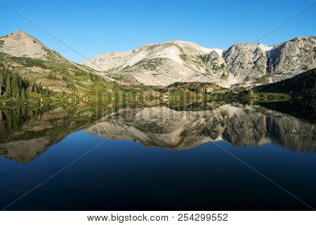 Sugarloaf Mountain And Medicine Bow Peak Reflected In Libby Lake  In Medicine Bow National Forest In