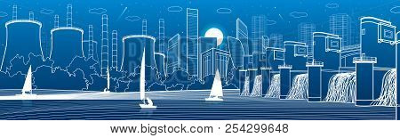 Urban City Infrastructure Panoramic. Hydroelectric Power Station At River. Modern Town.  Factory The