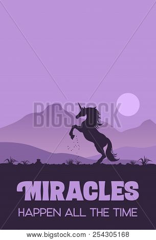 Silhouette Of A Skittish Unicorn At Sunset, Vector Illustration
