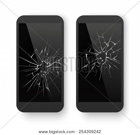 Broken Mobile Phone. Cracked Smartphone Screen. Smashed Damaged Cell Phone. Repair Vector Concept