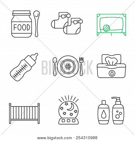 Childcare Linear Icons Set. Baby Food, Socks, Playpen, Feeding Bottle, Dishes, Wet Wipes, Crib, Nigh