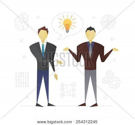 Businessmen Discussing Business Idea Flat Character Design. Startuppers. Business Partners Making De