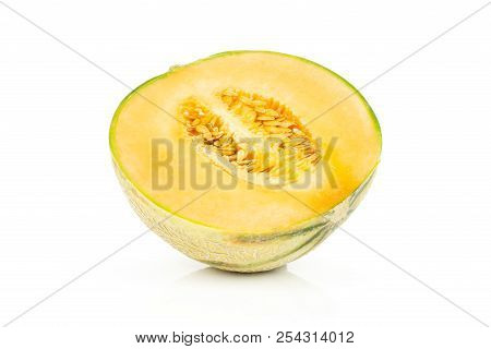 One Half Of Fresh Melon Cantaloupe Variety Isolated On White Background