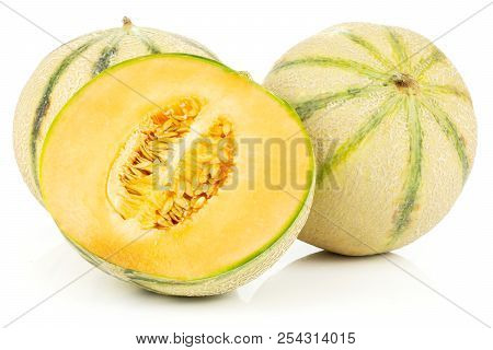 Group Of Two Whole One Half Of Fresh Melon Cantaloupe Variety With Seeds Isolated On White Backgroun
