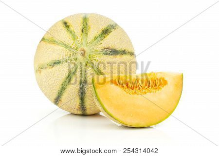 Group Of One Whole One Slice Of Fresh Melon Cantaloupe Variety Isolated On White Background