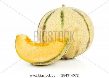 Group Of One Whole One Slice Of Fresh Melon Cantaloupe Variety Without Seeds Isolated On White Backg