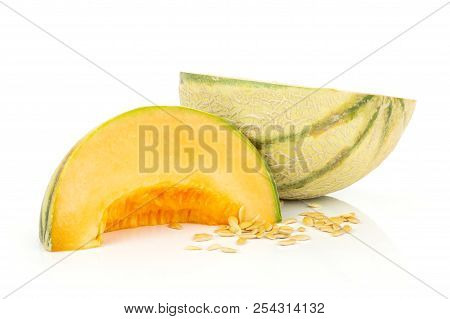 Group Of One Half One Slice Of Fresh Melon Cantaloupe Variety With Seeds Around Isolated On White Ba